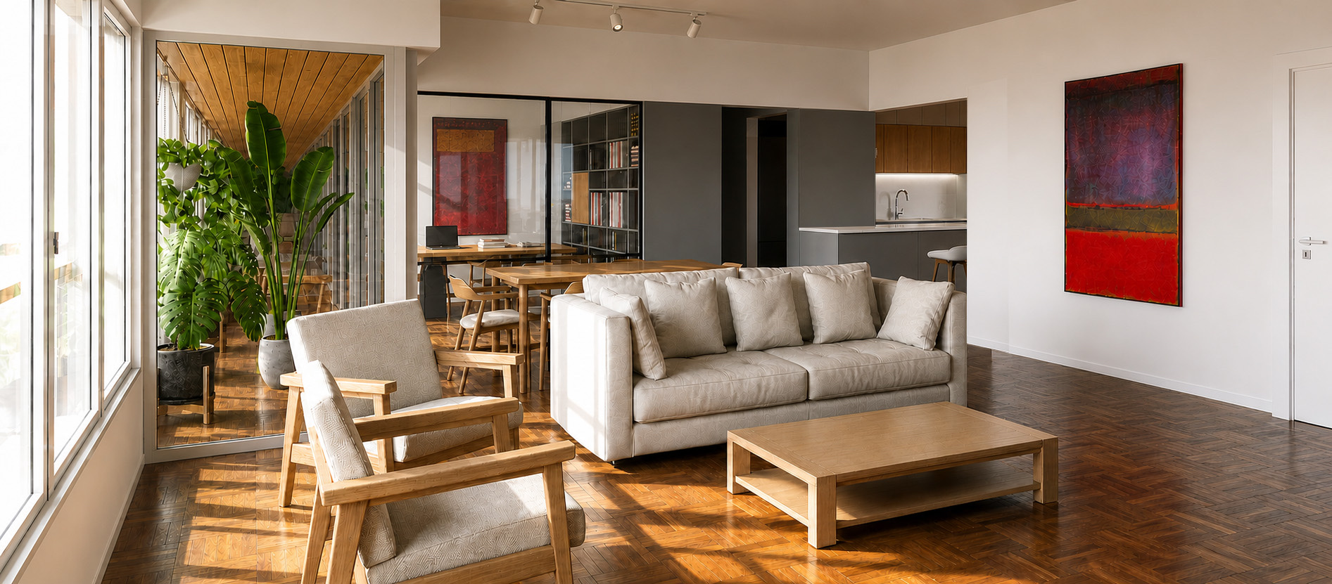 Visualización del estar y cocina de Vivienda EliMa